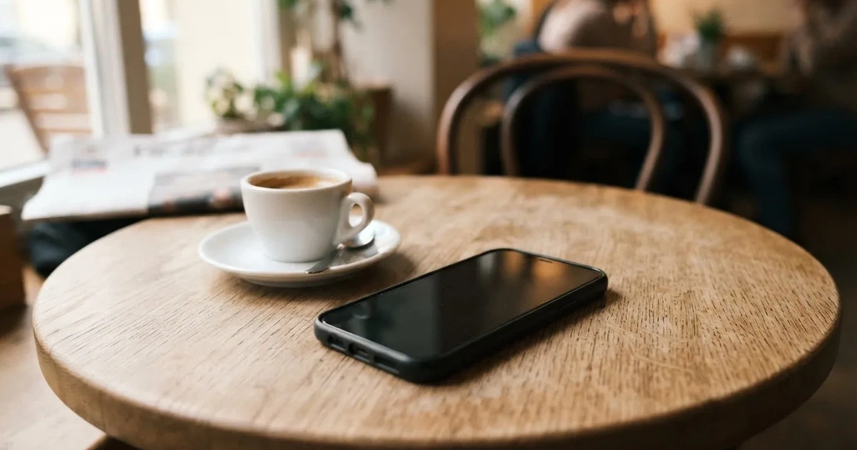 Smartfon z ciemnym ekranem leży na drewnianym stoliku w kawiarni obok małej filiżanki kawy, w miękkim świetle z okna.