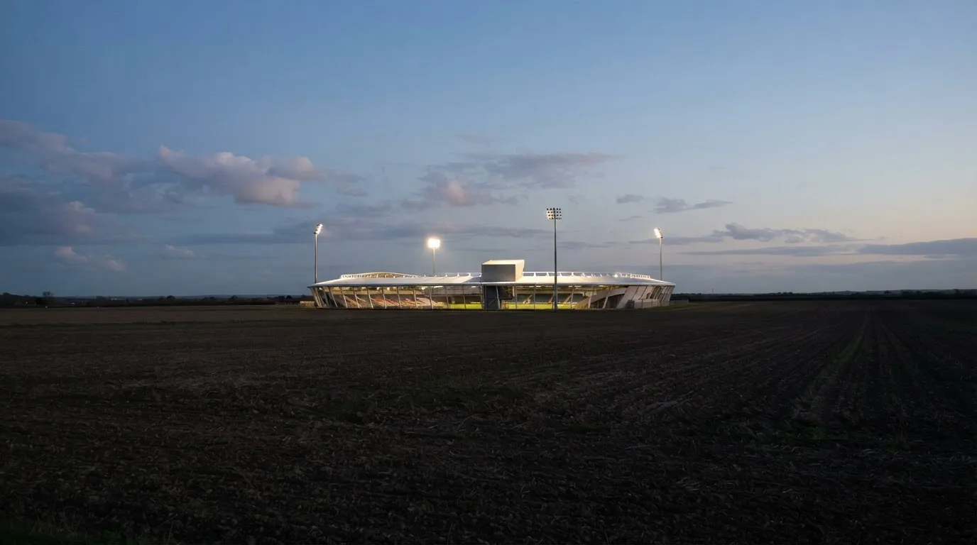 Stadion rozświetlony reflektorami widziany z daleka znad ciemnych pól w pogodny wieczór.