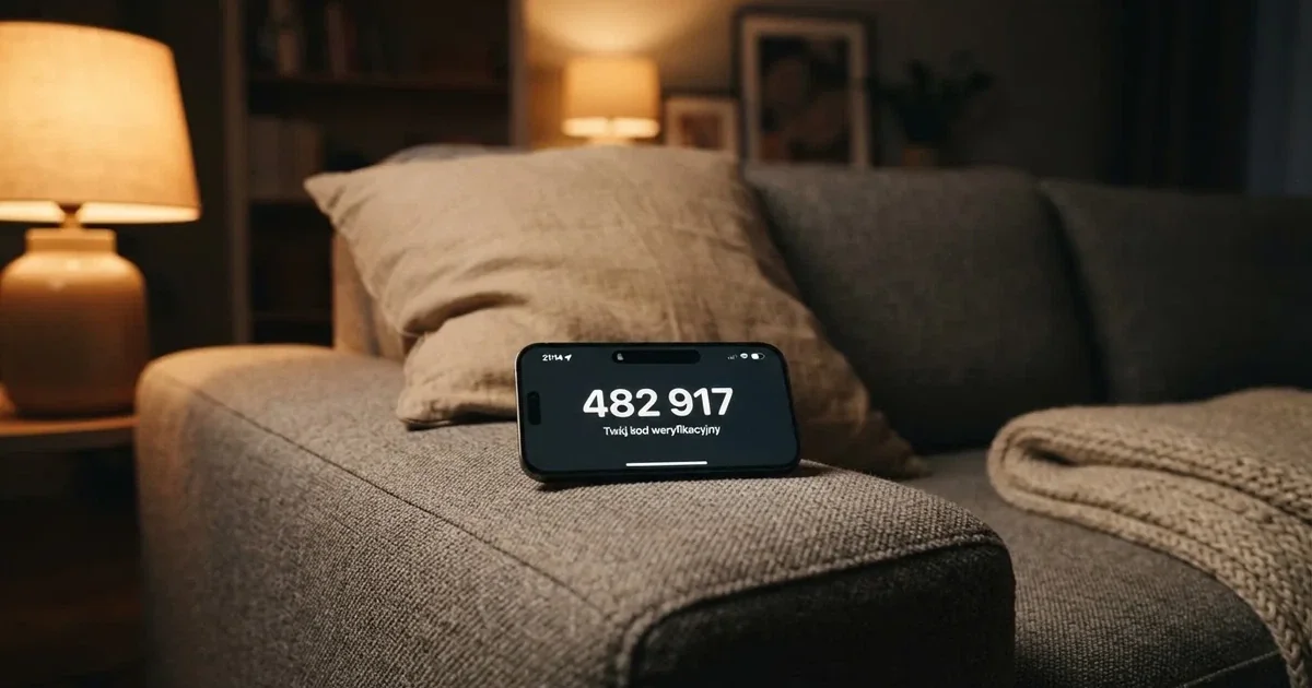 Smartfon z ciemnym wyświetlaczem leży na poręczy sofy obok poduszki w ciepłym świetle lampy.