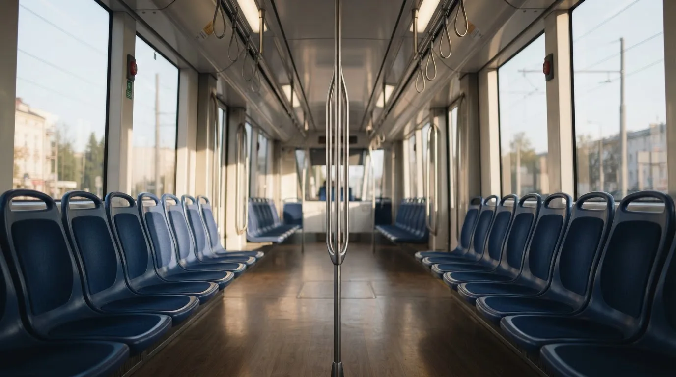 Wnętrze pustego tramwaju z rzędami siedzeń i poręczą w porannym świetle.