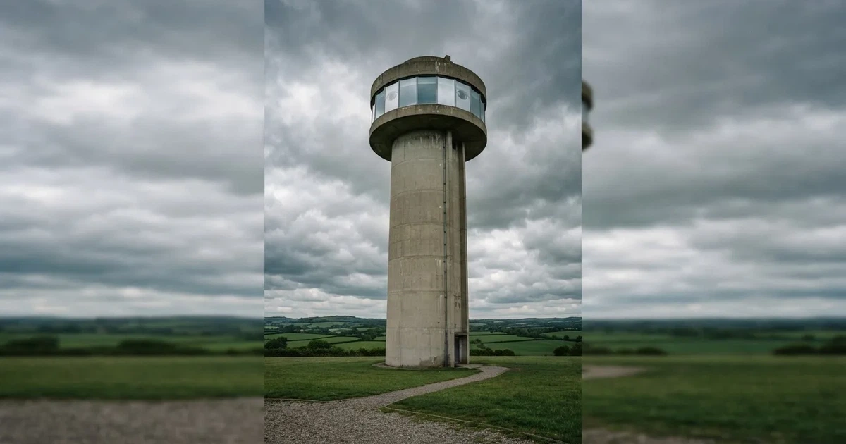 Wysoka wieża obserwacyjna z dużymi oknami na tle zachmurzonego nieba, u jej podnóża zielone pole.