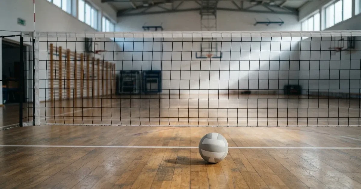 Siatka do siatkówki rozpięta w pustej sali, na podłodze leży piłka.