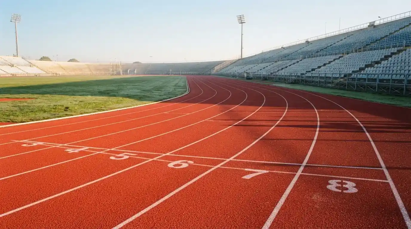 Bieżnia lekkoatletyczna wygięta w łuk pustego stadionu w porannym słońcu.