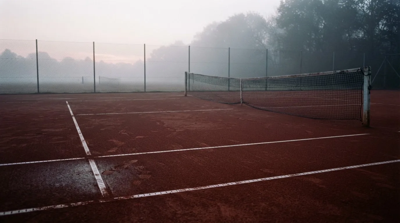 Kort tenisowy o świcie z rosą na linii końcowej i opuszczoną siatką, w tle mgła.