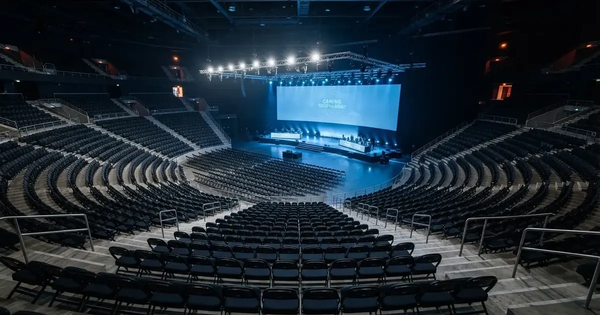 Pusta arena z półkolem siedzisk i oświetloną niebieskim światłem sceną, widok z góry na rzędy foteli.