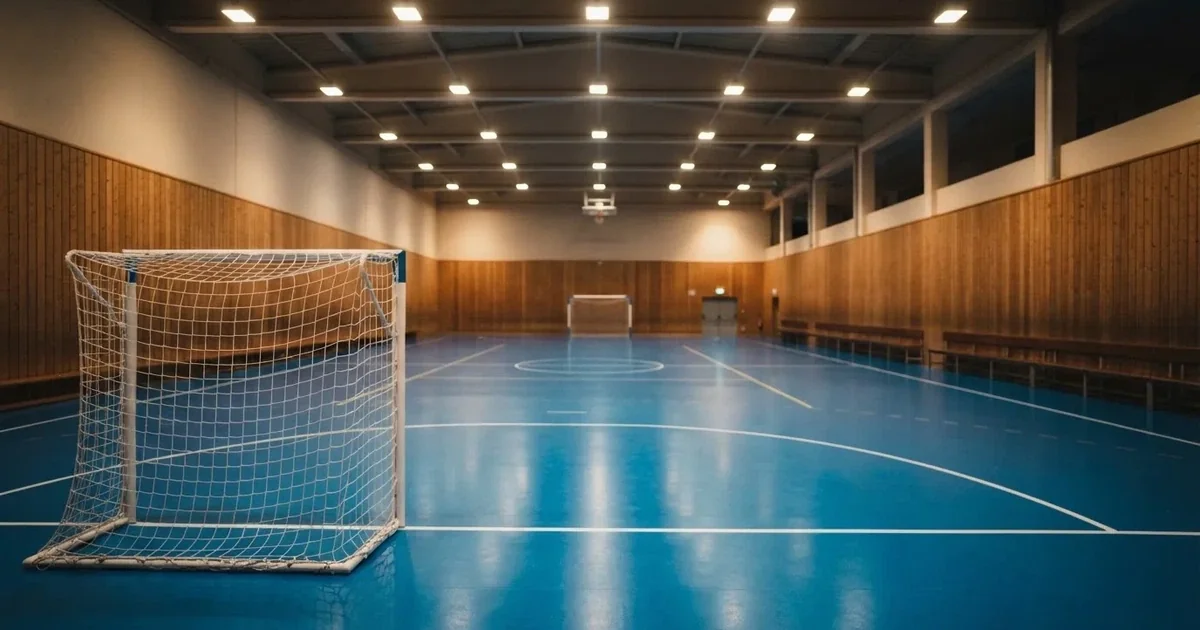Hala z niebieskim parkietem i niewielkimi bramkami po obu stronach, pusta, światło padające z sufitu.
