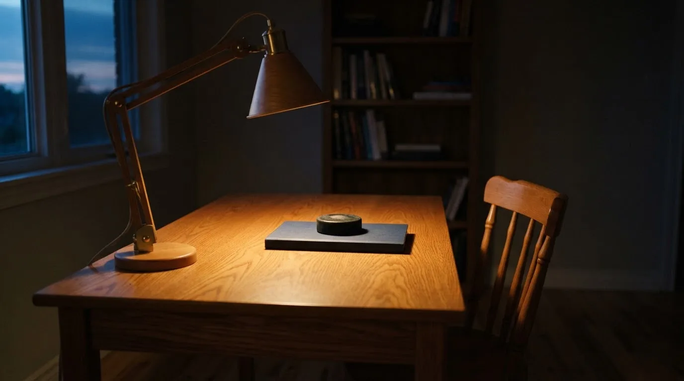 Lampa biurkowa świecąca na pustym drewnianym biurku w cichym gabinecie wieczorem, obok puste krzesło.