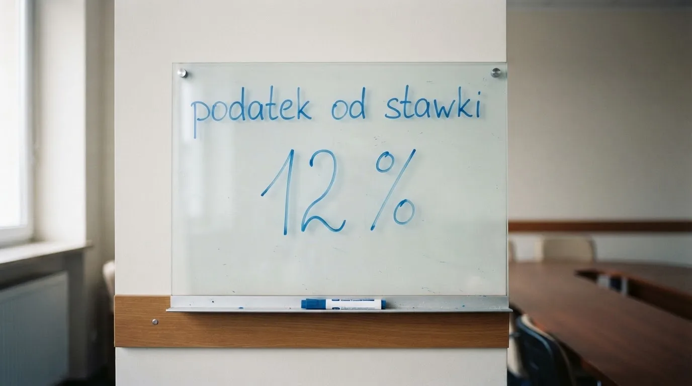 Szklana tablica suchościeralna w pustej sali konferencyjnej, lekko zakurzona, obok leży niebieski pisak.